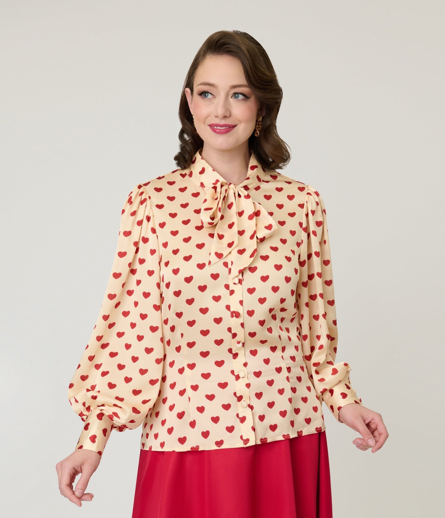 Unique Vintage Champagne & Red Hearts Long Sleeve Gwen Blouse - Unique Vintage - Womens, TOPS, WOVEN TOPS