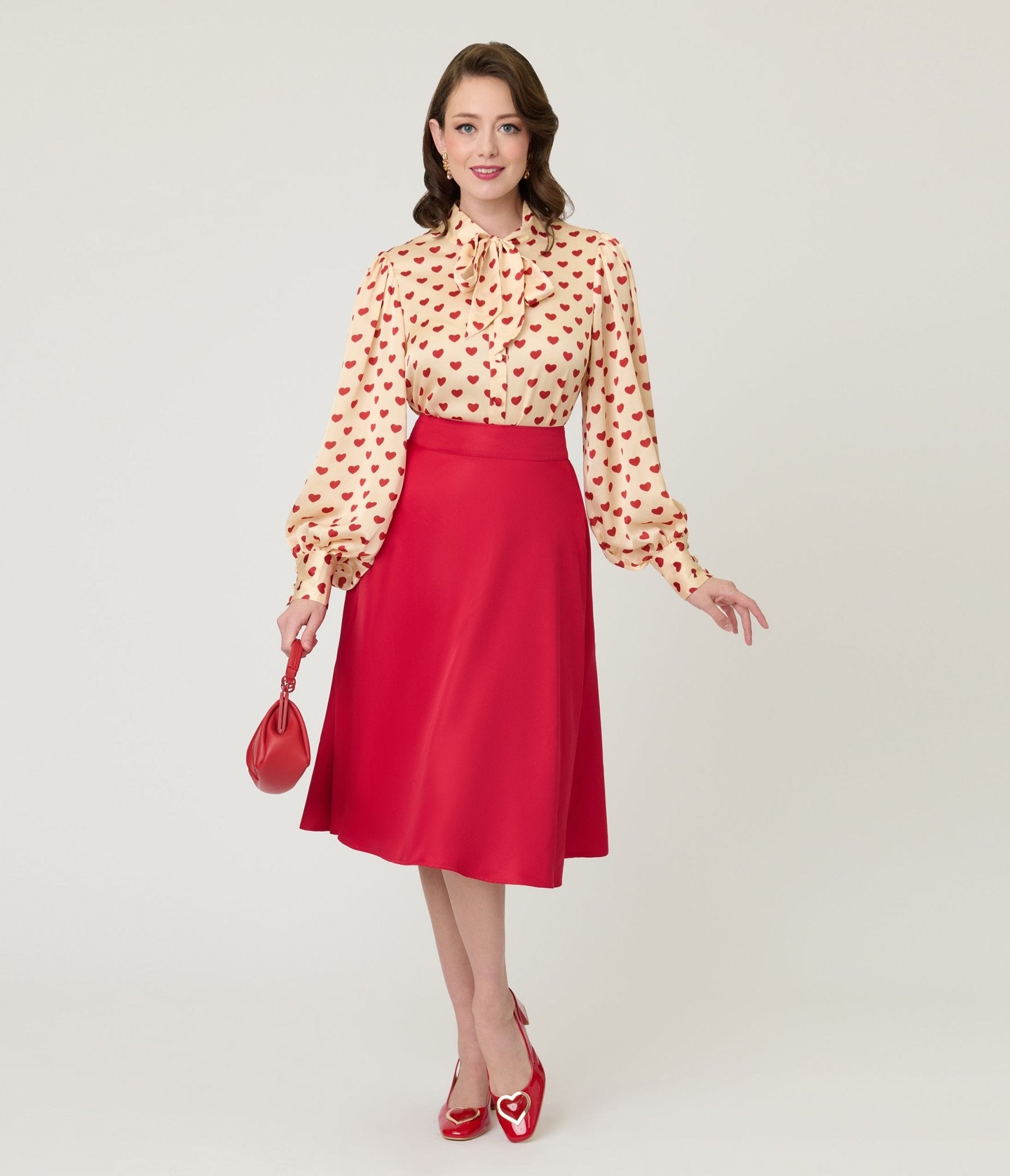 Unique Vintage Champagne & Red Hearts Long Sleeve Gwen Blouse - Unique Vintage - Womens, TOPS, WOVEN TOPS