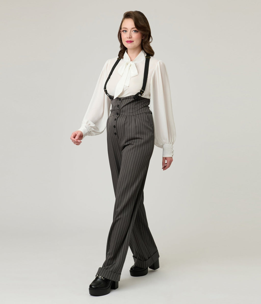 Unique Vintage Charcoal Pinstripe Thelma Suspender Pants - Unique Vintage - Womens, BOTTOMS, PANTS