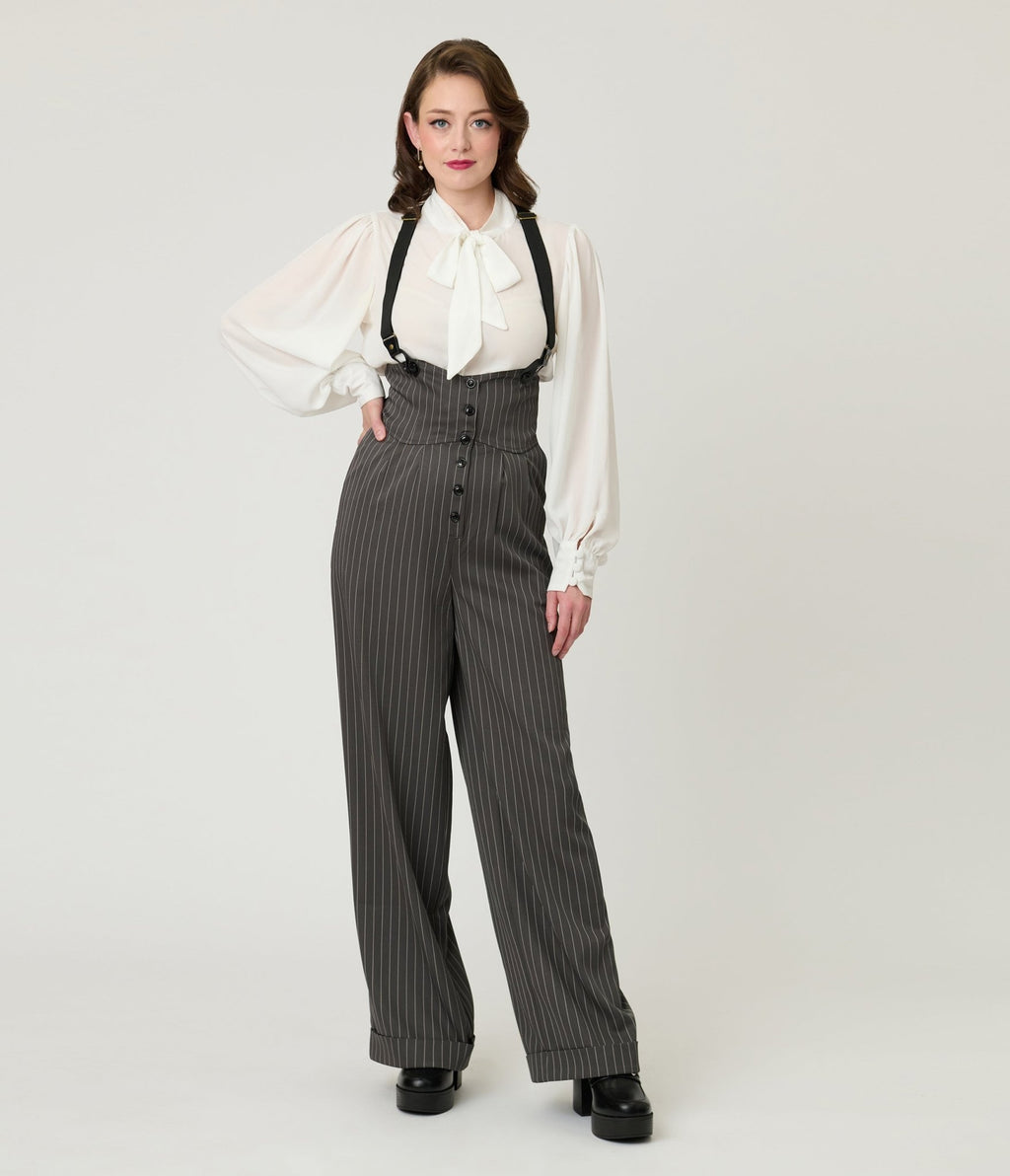 Unique Vintage Charcoal Pinstripe Thelma Suspender Pants - Unique Vintage - Womens, BOTTOMS, PANTS