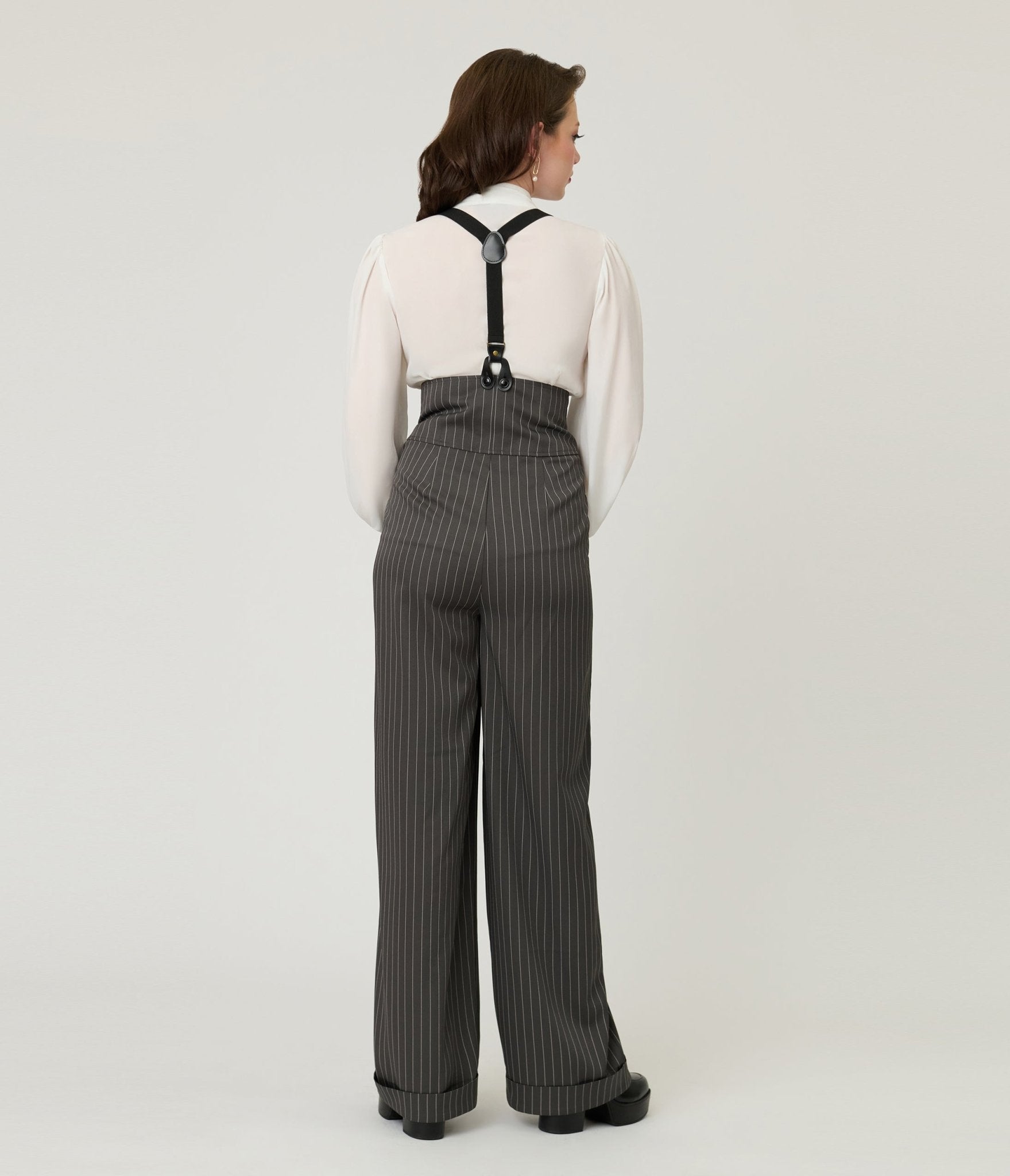 Unique Vintage Charcoal Pinstripe Thelma Suspender Pants