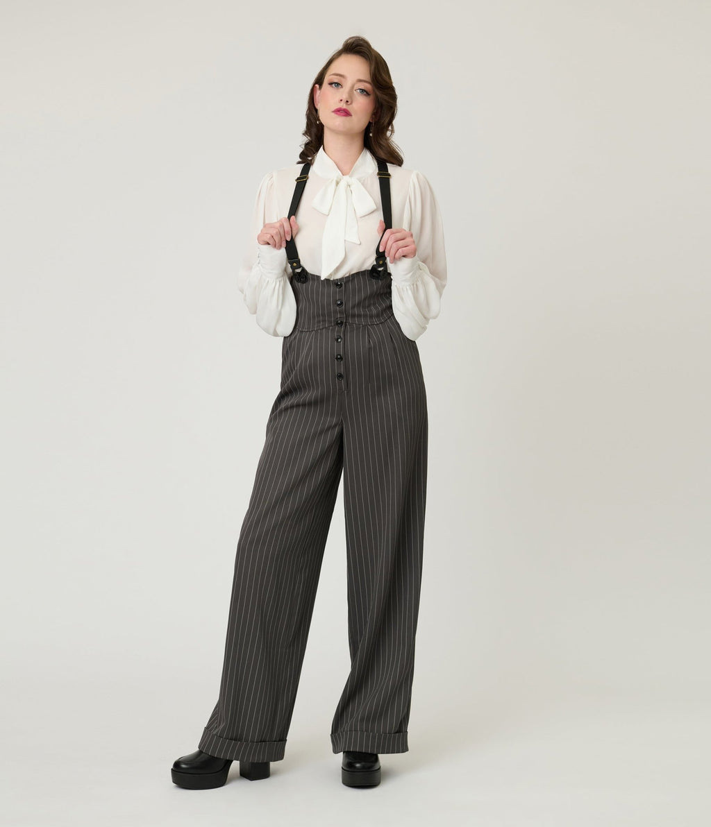 Unique Vintage Charcoal Pinstripe Thelma Suspender Pants - Unique Vintage - Womens, BOTTOMS, PANTS
