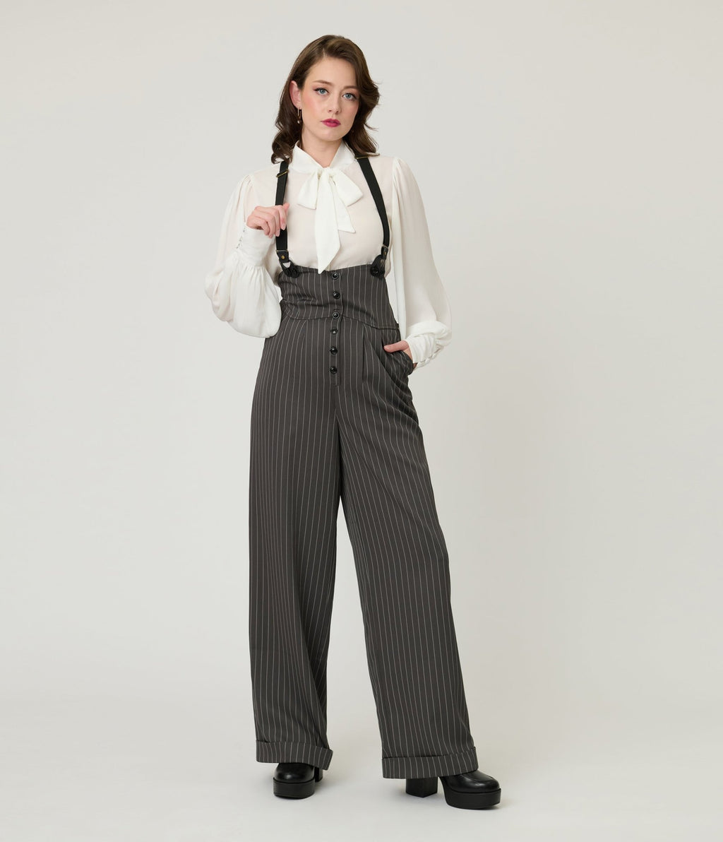 Unique Vintage Charcoal Pinstripe Thelma Suspender Pants - Unique Vintage - Womens, BOTTOMS, PANTS