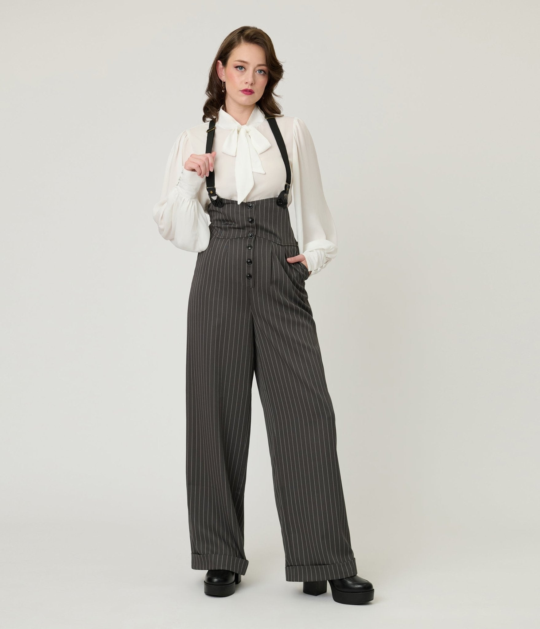 Unique Vintage Charcoal Pinstripe Thelma Suspender Pants - Unique Vintage - Womens, BOTTOMS, PANTS