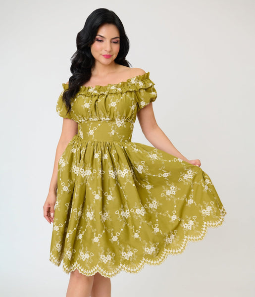 Unique Vintage Chartreuse Eyelet Off The Shoulder Ruffle Swing Dress