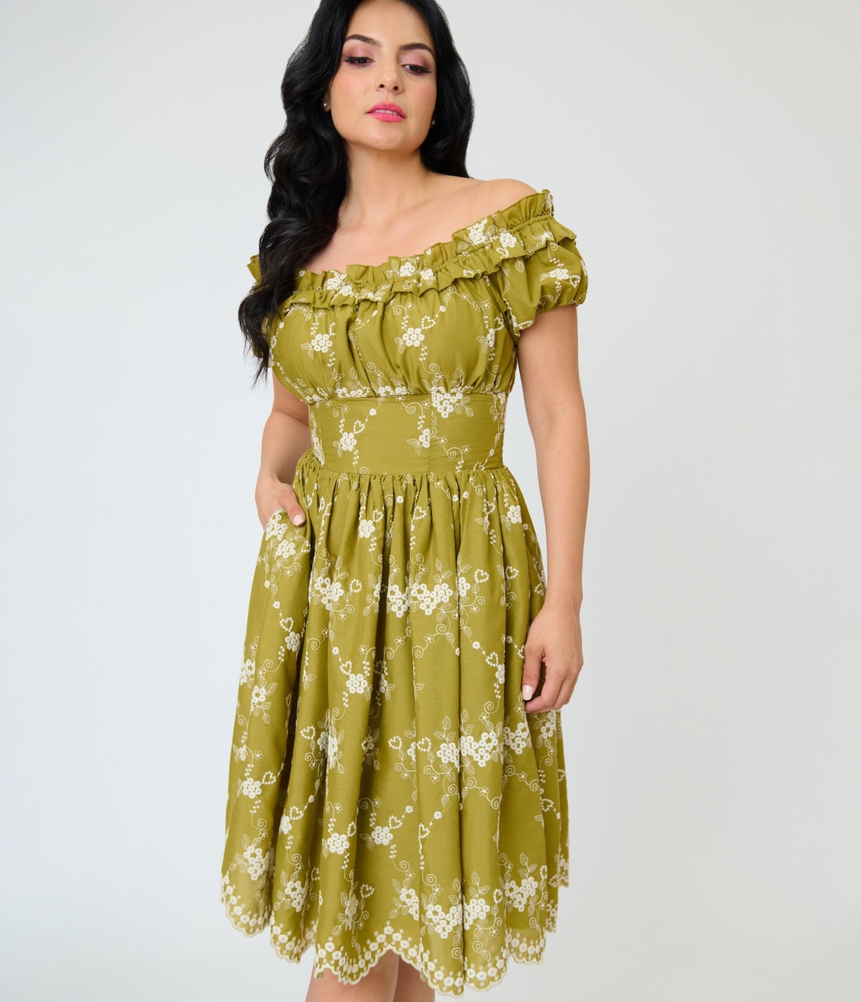 Unique Vintage Chartreuse Eyelet Off The Shoulder Ruffle Swing Dress - Unique Vintage - Womens, DRESSES, SWING