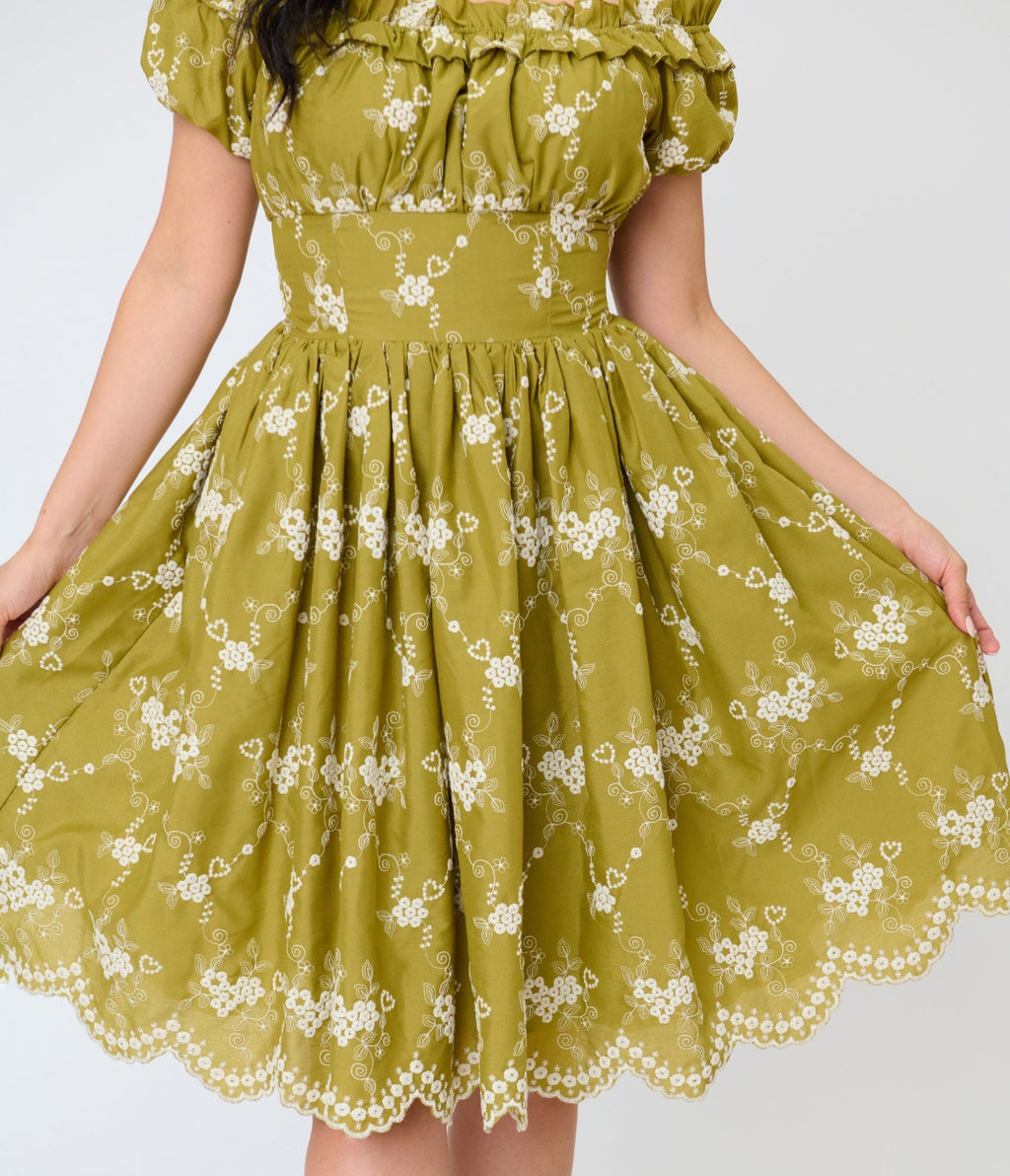 Unique Vintage Chartreuse Eyelet Off The Shoulder Ruffle Swing Dress
