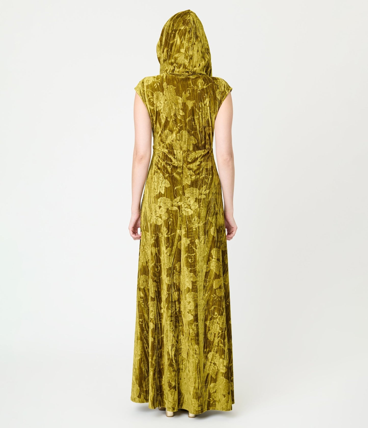 Unique Vintage Chartreuse Floral Embossed Velvet Hooded Maxi Dress - Unique Vintage - Womens, DRESSES, MAXI
