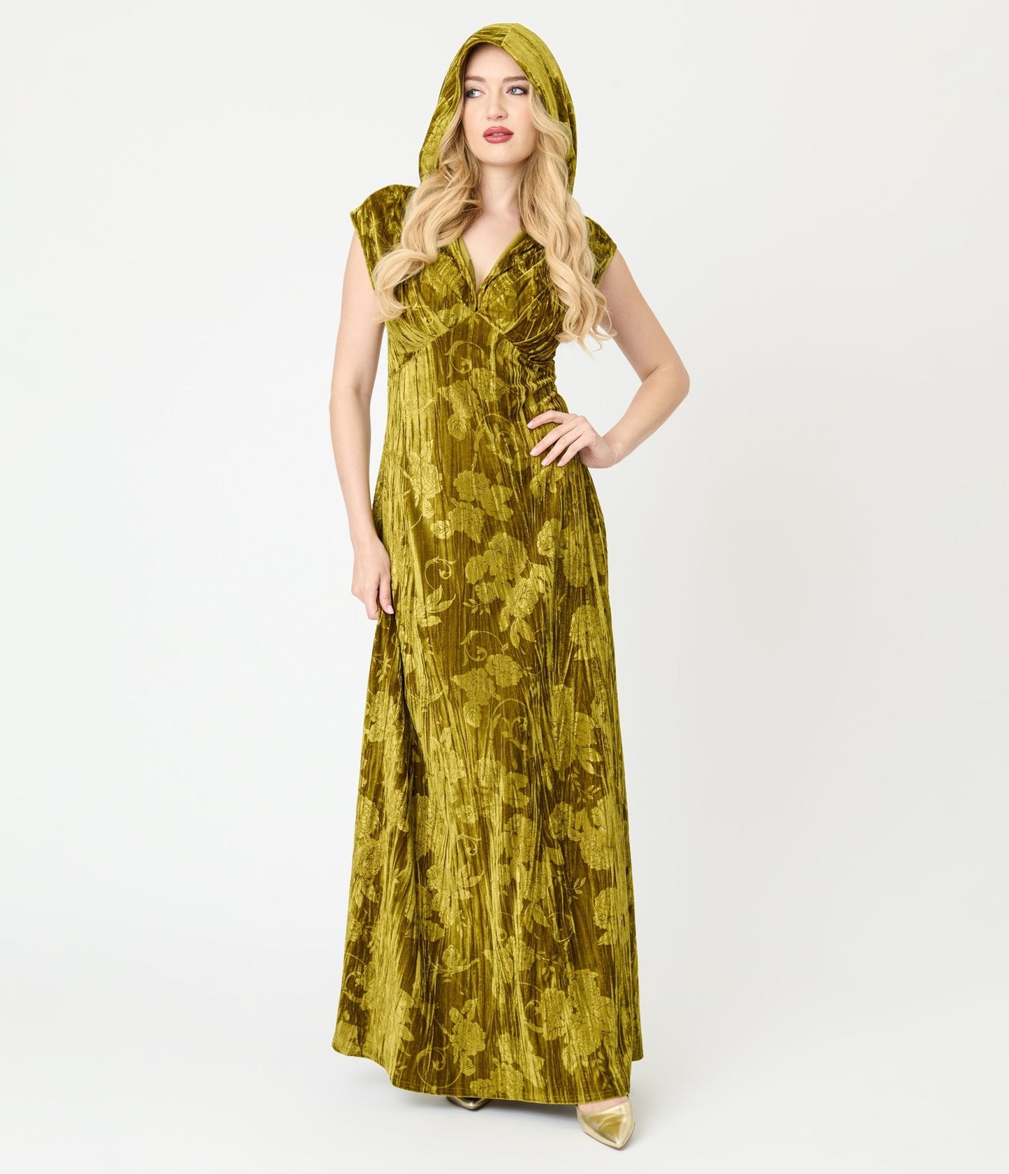 Unique Vintage Chartreuse Floral Embossed Velvet Hooded Maxi Dress - Unique Vintage - Womens, DRESSES, MAXI
