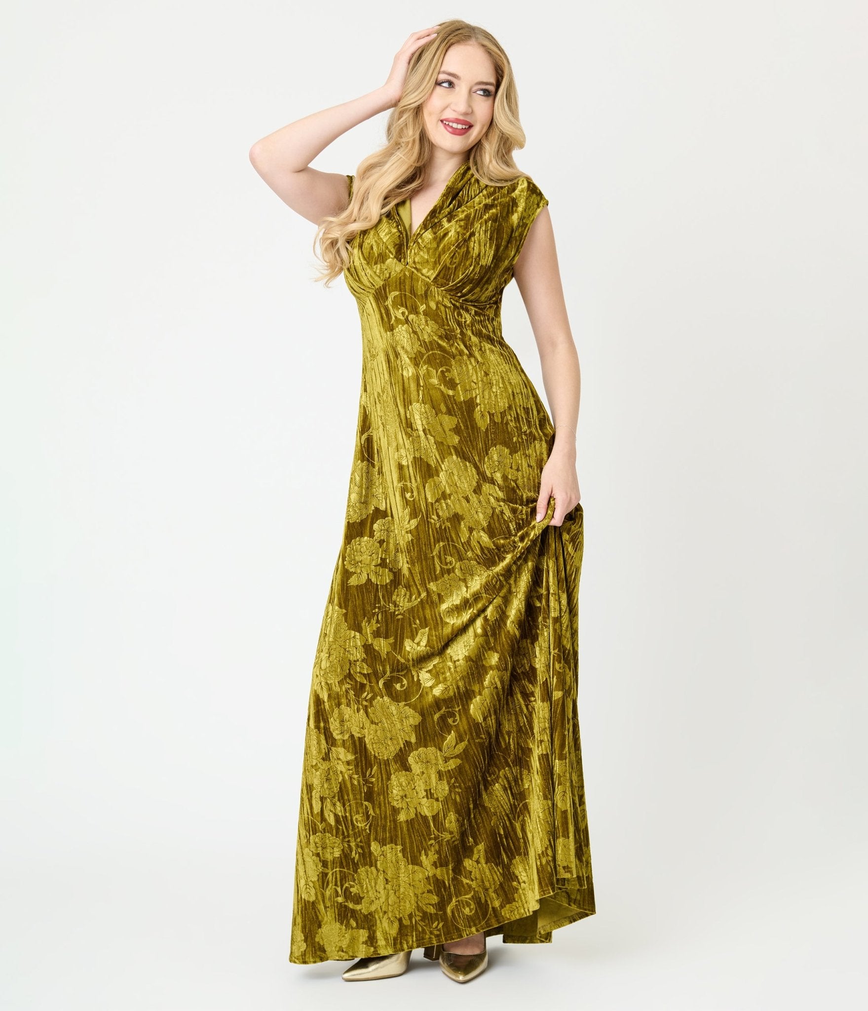 Unique Vintage Chartreuse Floral Embossed Velvet Hooded Maxi Dress Unique Vintage Chartreuse Floral Embossed Velvet Hooded Maxi Dress