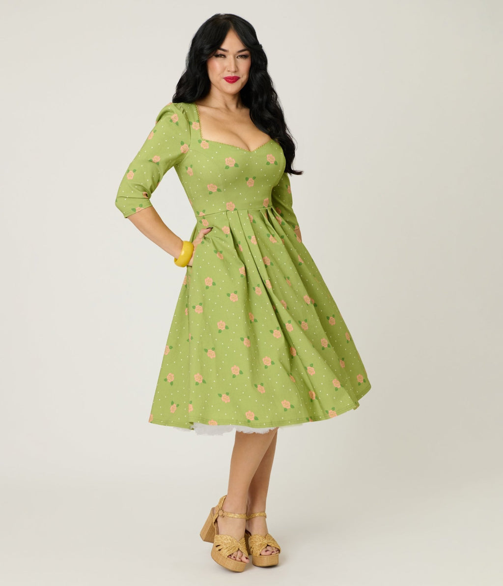 Unique Vintage Chartreuse & Pink Rose Sweetheart Swing Dress - Unique Vintage - Womens, DRESSES, SWING