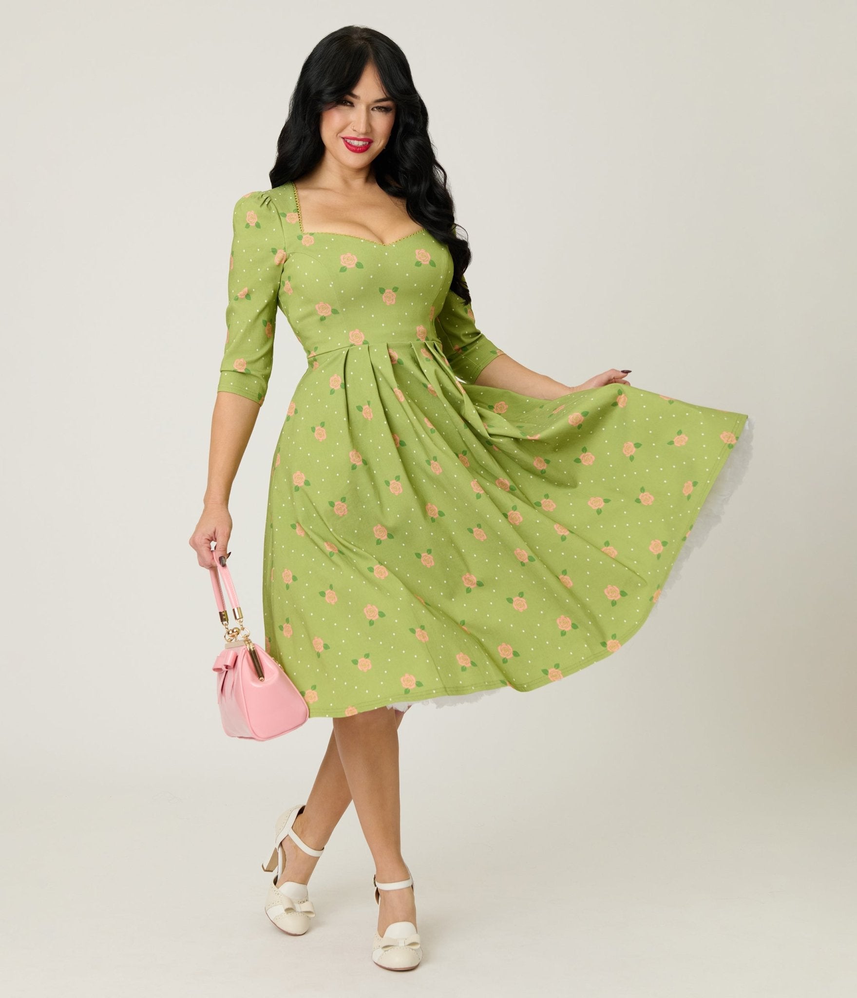 Unique Vintage Chartreuse & Pink Rose Sweetheart Swing Dress