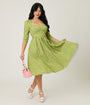 Unique Vintage Chartreuse & Pink Rose Sweetheart Swing Dress