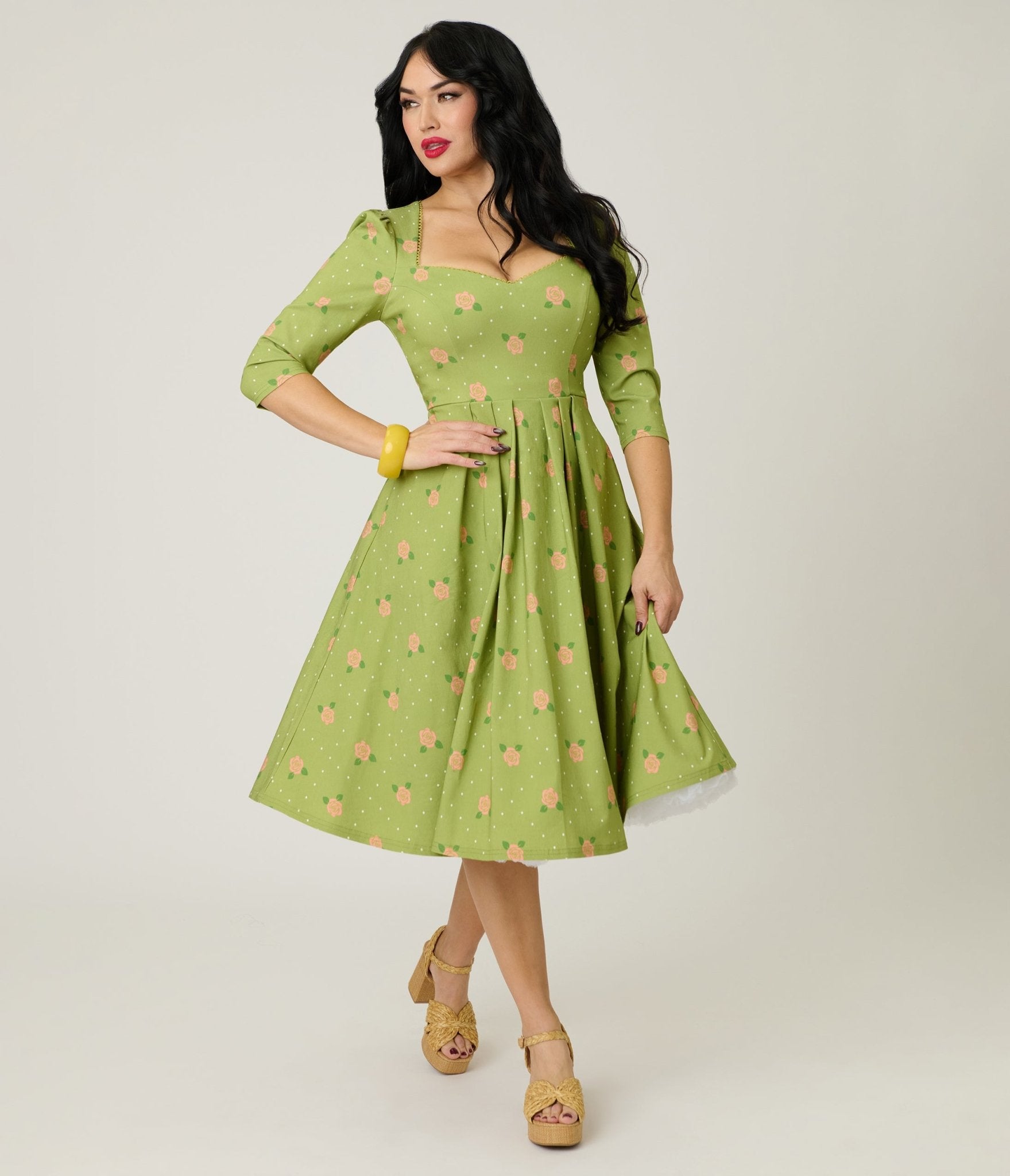 Unique Vintage Chartreuse & Pink Rose Sweetheart Swing Dress - Unique Vintage - Womens, DRESSES, SWING