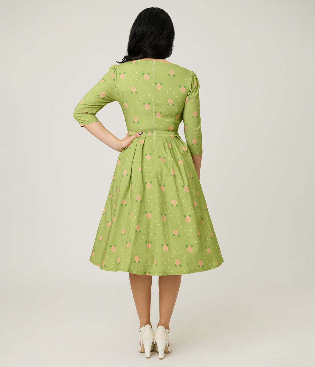 Unique Vintage Chartreuse & Pink Rose Sweetheart Swing Dress - Unique Vintage - Womens, DRESSES, SWING