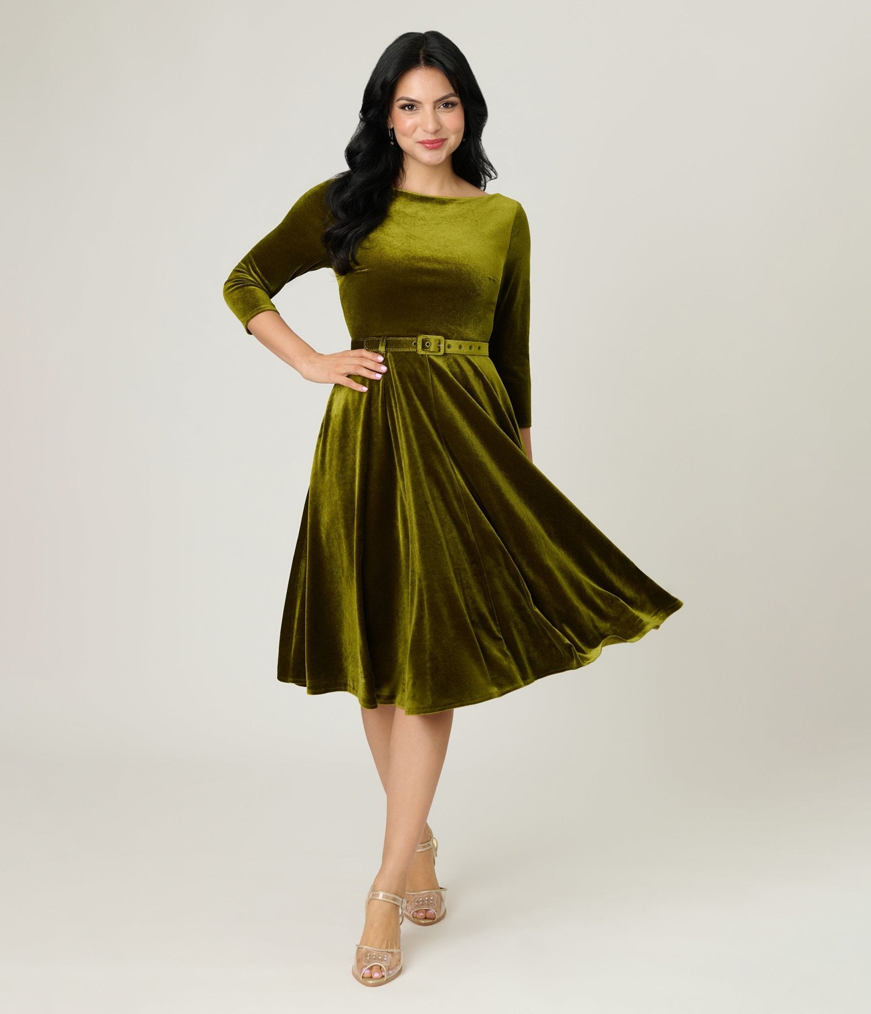 Unique Vintage Chartreuse Velvet Devon Swing Dress - Unique Vintage - Womens, DRESSES, SWING