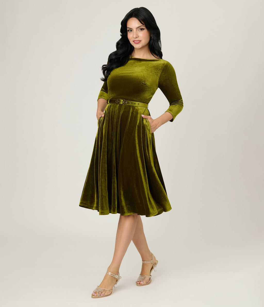 Unique Vintage Chartreuse Velvet Devon Swing Dress - Unique Vintage - Womens, DRESSES, SWING