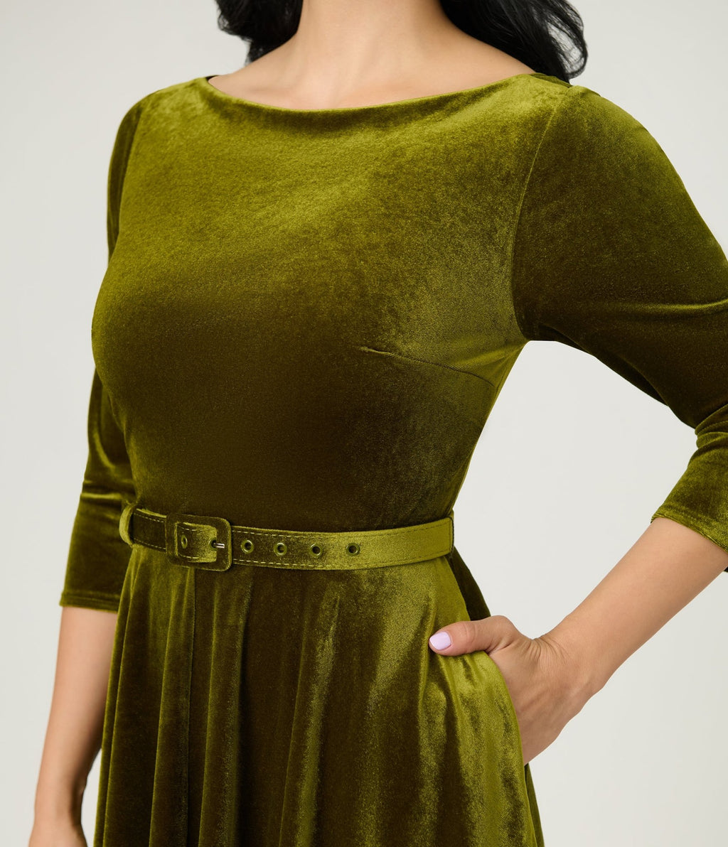Unique Vintage Chartreuse Velvet Devon Swing Dress - Unique Vintage - Womens, DRESSES, SWING