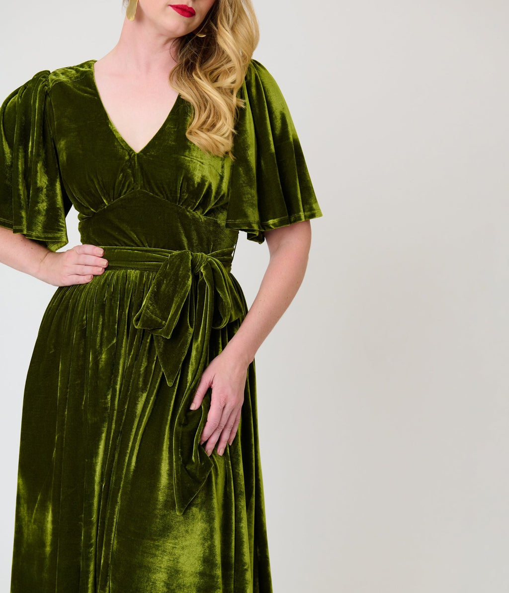 Unique Vintage Chartreuse Velvet Flutter Sleeve Lenora Swing Dress - Unique Vintage -