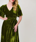 Unique Vintage Chartreuse Velvet Flutter Sleeve Lenora Swing Dress - Unique Vintage -