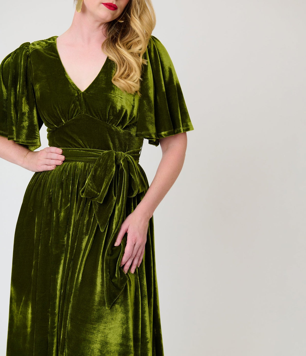 Unique Vintage Chartreuse Velvet Flutter Sleeve Lenora Swing Dress - Unique Vintage -