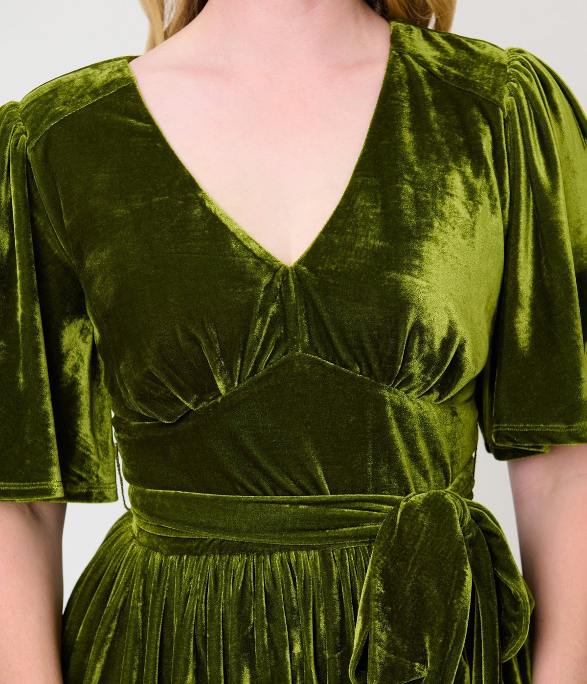 Unique Vintage Chartreuse Velvet Flutter Sleeve Lenora Swing Dress - Unique Vintage -