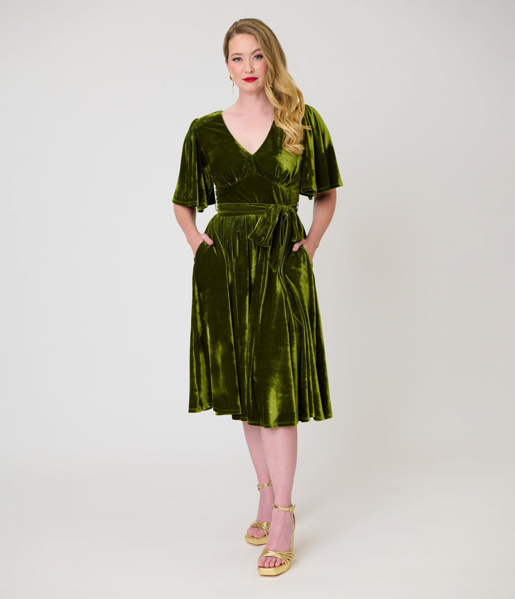 Unique Vintage Chartreuse Velvet Flutter Sleeve Lenora Swing Dress - Unique Vintage -