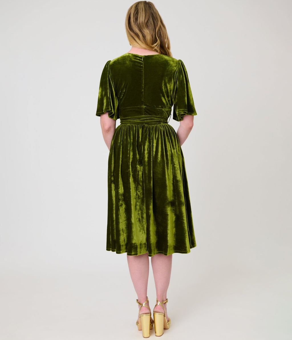 Unique Vintage Chartreuse Velvet Flutter Sleeve Lenora Swing Dress - Unique Vintage -