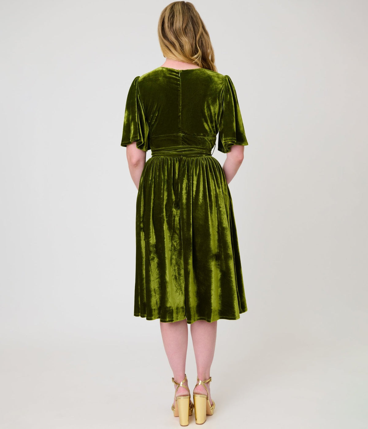Unique Vintage Chartreuse Velvet Flutter Sleeve Lenora Swing Dress - Unique Vintage -