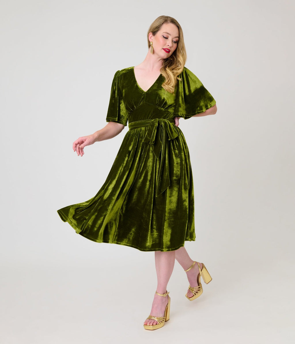 Unique Vintage Chartreuse Velvet Flutter Sleeve Lenora Swing Dress - Unique Vintage -