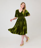 Unique Vintage Chartreuse Velvet Flutter Sleeve Lenora Swing Dress - Unique Vintage -