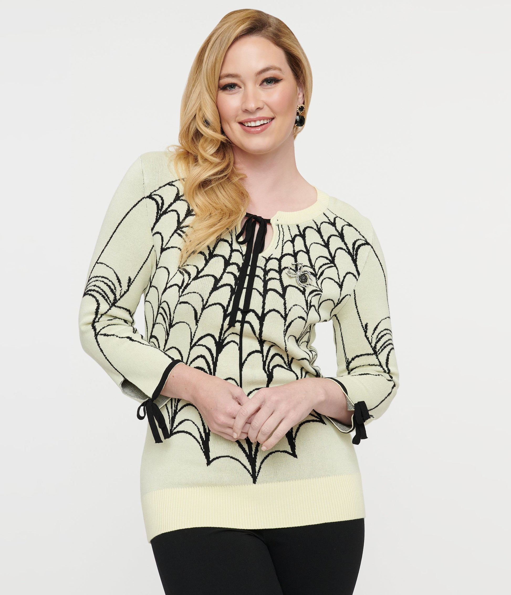 Unique Vintage Cream & Black Spiderweb Keyhole Sweater - Unique Vintage - Womens, HALLOWEEN, TOPS