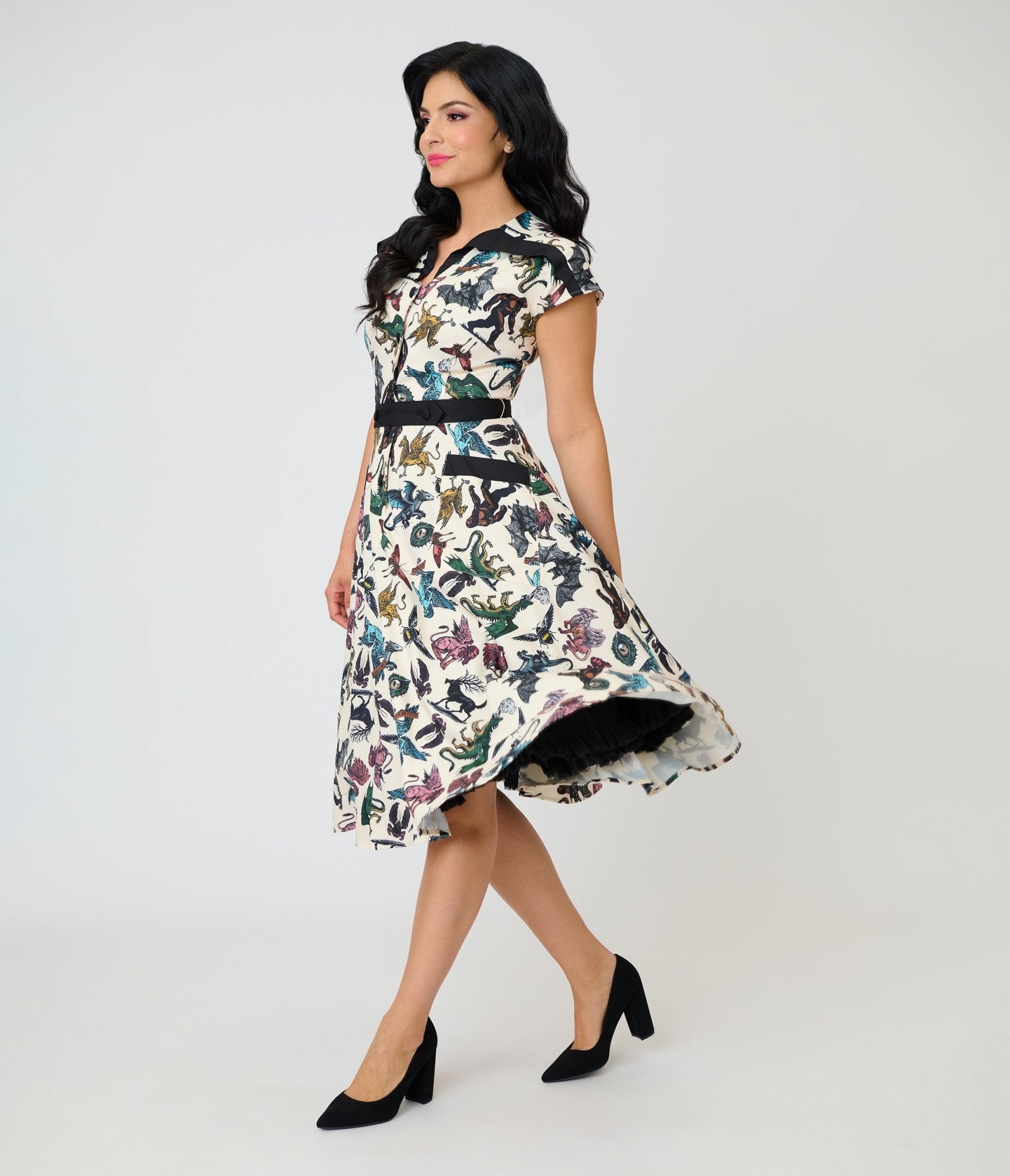Unique Vintage Cryptid Print Hedda Swing Dress