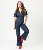Unique Vintage Dark Denim Belted Jumpsuit - Unique Vintage - Womens, BOTTOMS, ROMPERS AND JUMPSUITS