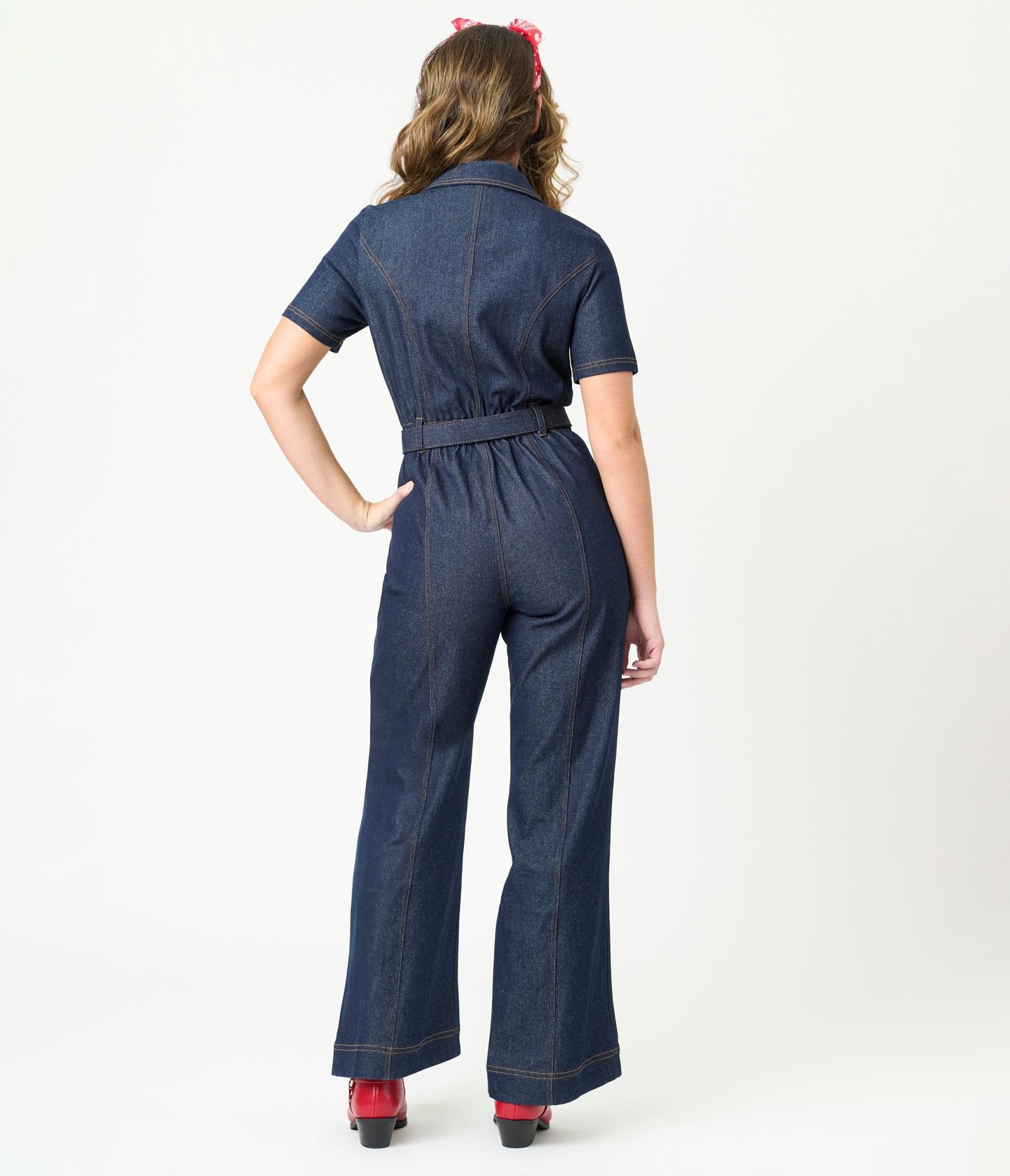 Unique Vintage Dark Denim Belted Jumpsuit - Unique Vintage - Womens, BOTTOMS, ROMPERS AND JUMPSUITS