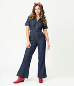 Unique Vintage Dark Denim Belted Jumpsuit - Unique Vintage - Womens, BOTTOMS, ROMPERS AND JUMPSUITS