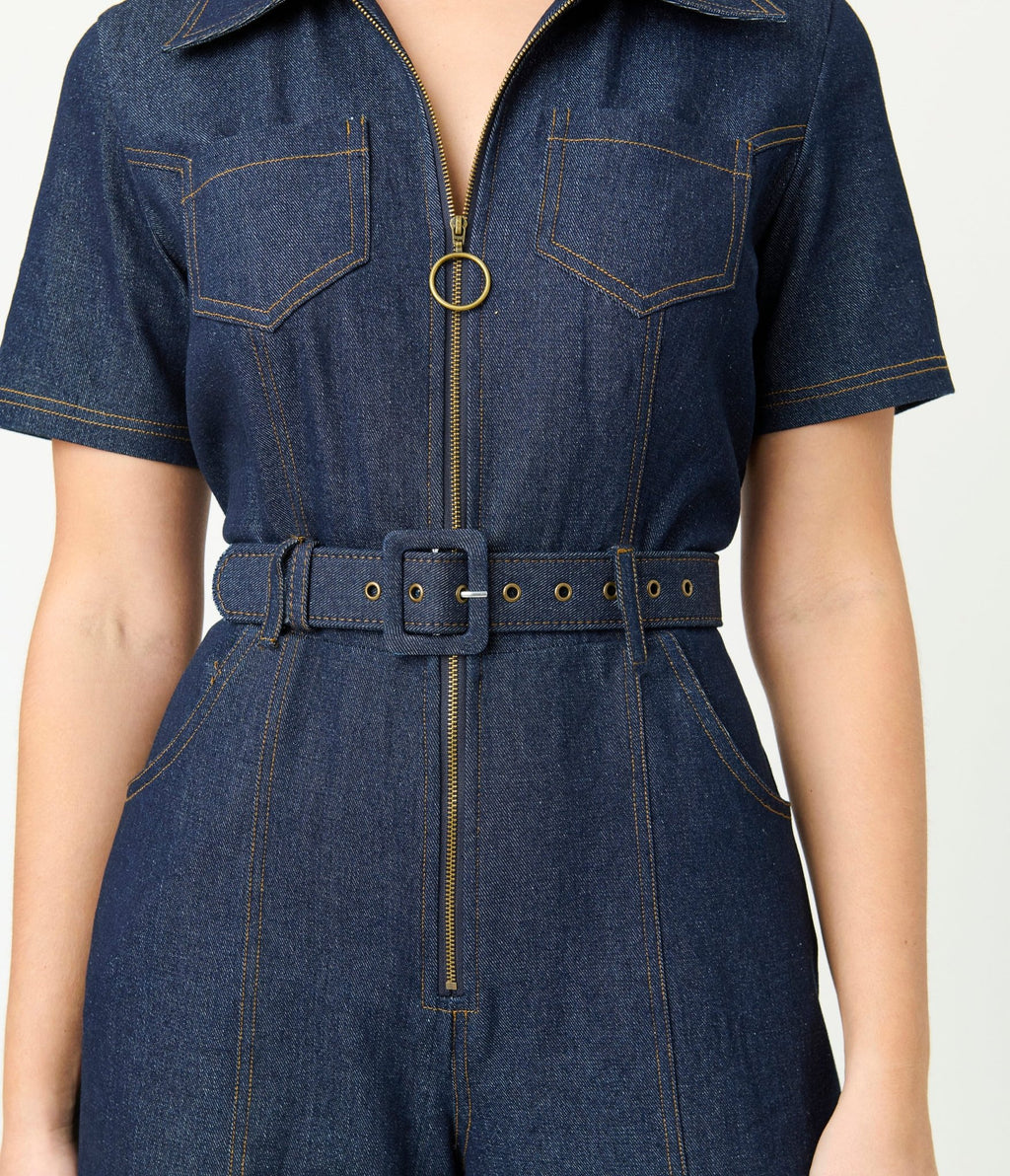 Unique Vintage Dark Denim Belted Jumpsuit - Unique Vintage - Womens, BOTTOMS, ROMPERS AND JUMPSUITS