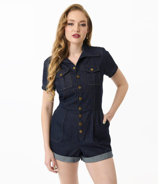 SHINY DENIM LIKE ROMPERS　AMERI vintage Unique Vintage Dark Denim Garage Style Romper