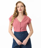 Unique Vintage Dark Rose Twill Sleeveless Blouse - Unique Vintage - Womens, TOPS, WOVEN TOPS