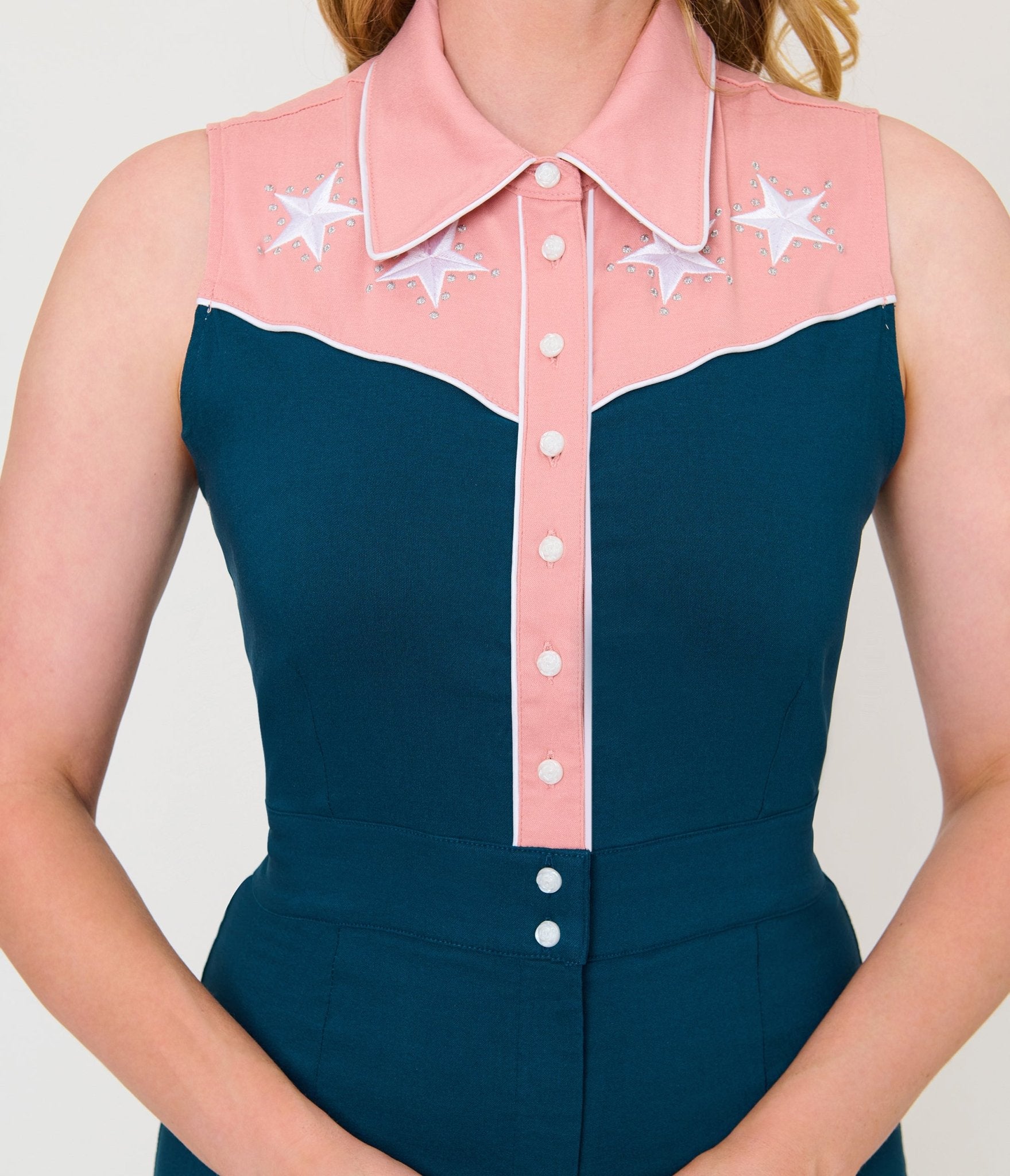 Unique Vintage Dark Teal & Pink Rodeo Ready Romper - Unique Vintage - Womens, BOTTOMS, ROMPERS AND JUMPSUITS