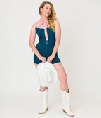Unique Vintage Dark Teal & Pink Rodeo Ready Romper - Unique Vintage - Womens, BOTTOMS, ROMPERS AND JUMPSUITS