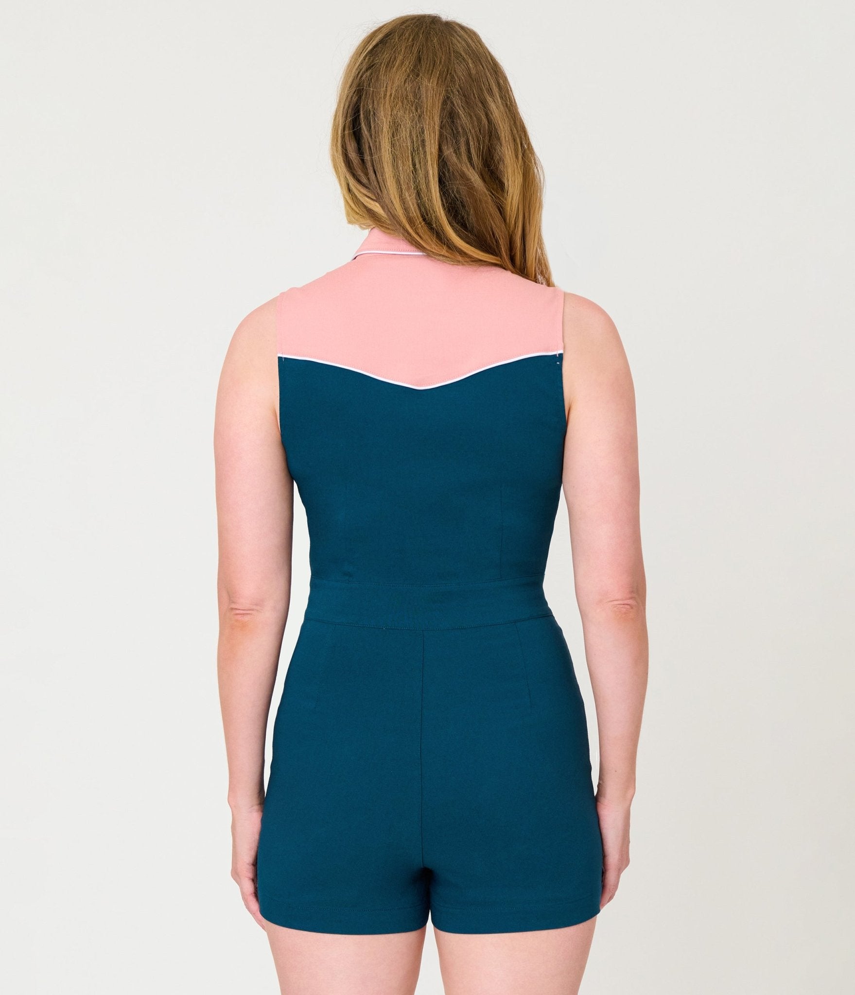 Unique Vintage Dark Teal & Pink Rodeo Ready Romper - Unique Vintage - Womens, BOTTOMS, ROMPERS AND JUMPSUITS