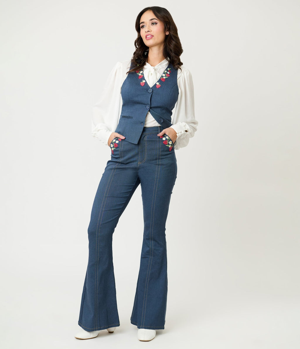 Unique Vintage Denim Strawberry Embroidered Flare Pants - Unique Vintage - Womens, BOTTOMS, JEANS