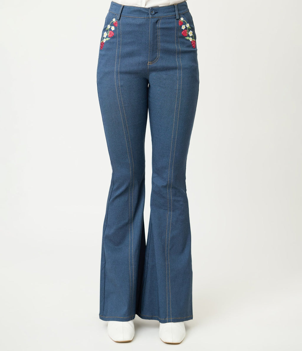 Unique Vintage Denim Strawberry Embroidered Flare Pants - Unique Vintage - Womens, BOTTOMS, JEANS