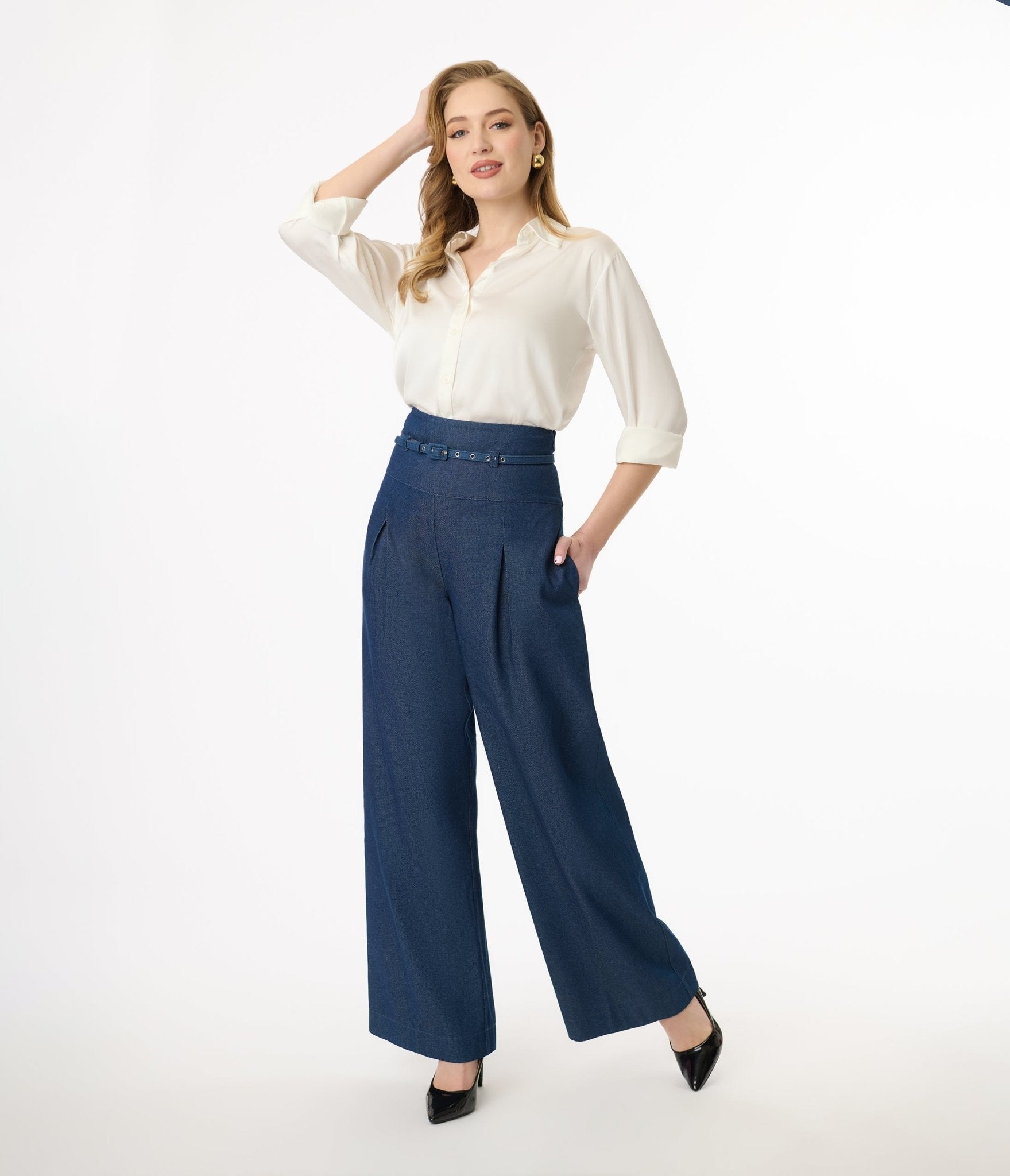 Unique Vintage Denim Wide Leg Pleated Pants - Unique Vintage - Womens, BOTTOMS, PANTS