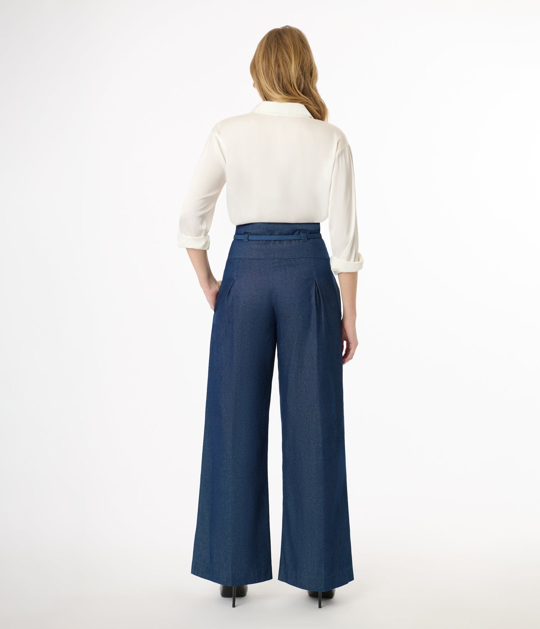 Unique Vintage Denim Wide Leg Pleated Pants - Unique Vintage - Womens, BOTTOMS, PANTS