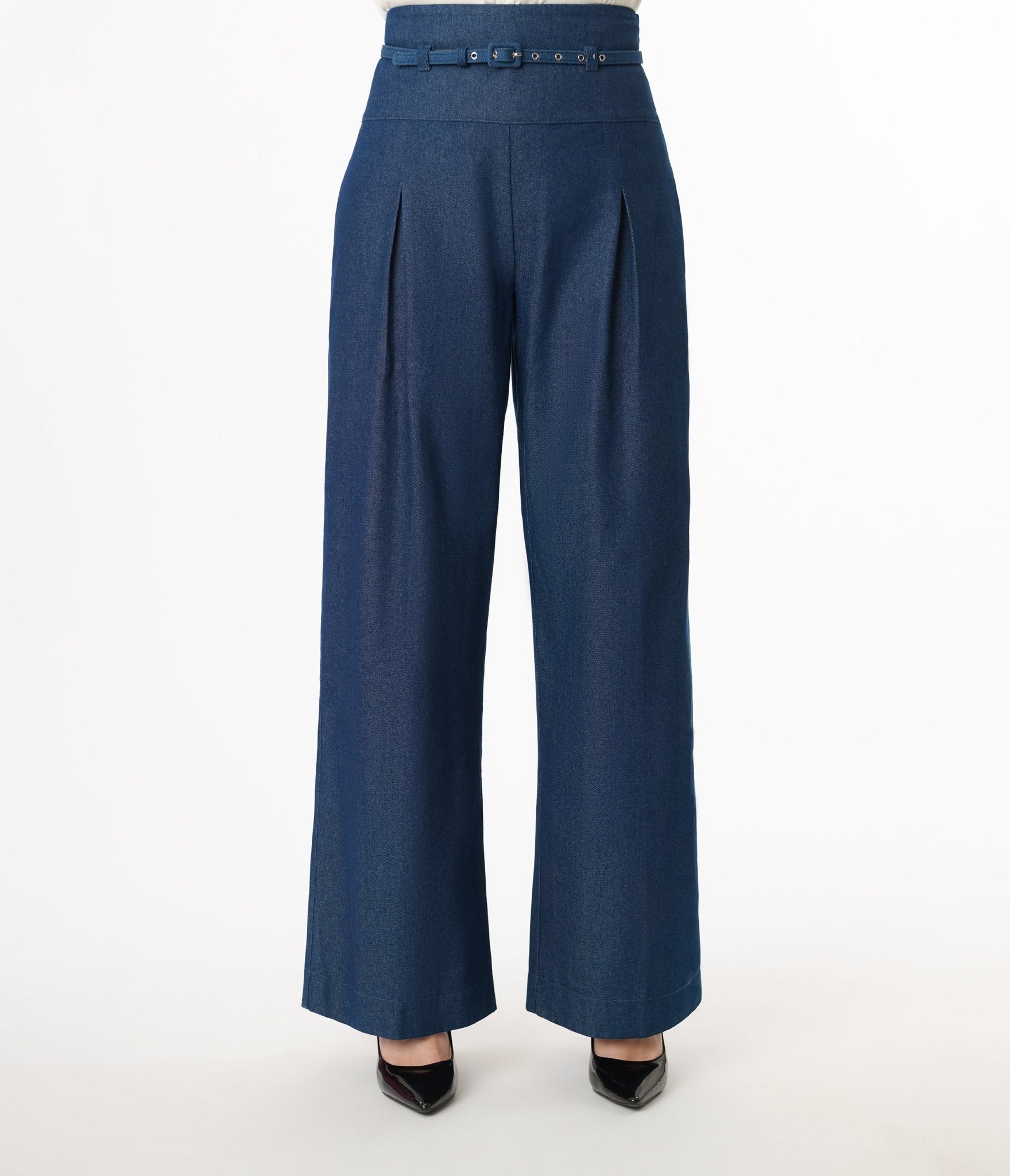 Unique Vintage Denim Wide Leg Pleated Pants - Unique Vintage - Womens, BOTTOMS, PANTS