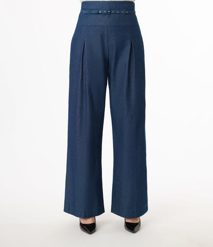 Unique Vintage Denim Wide Leg Pleated Pants - Unique Vintage - Womens, BOTTOMS, PANTS