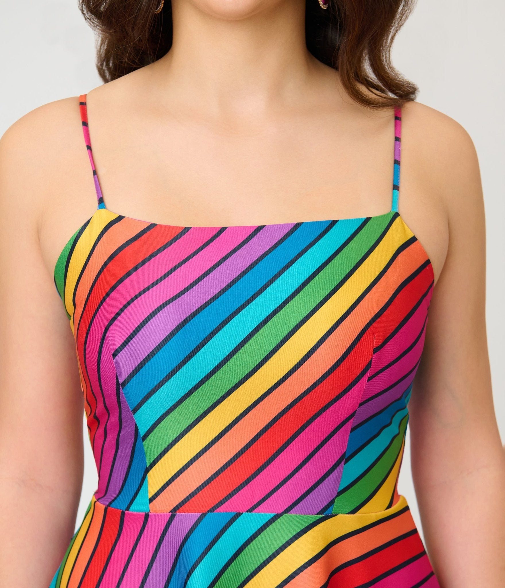 Unique Vintage Diagonal Rainbow Stripe Spaghetti Strap Midi Dress