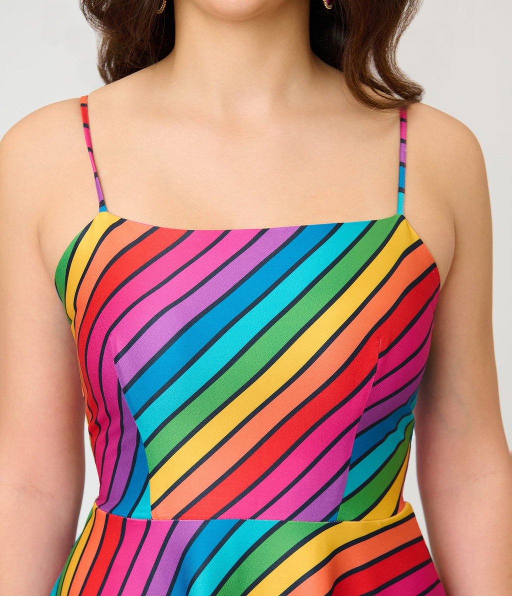 Unique Vintage Diagonal Rainbow Stripe Spaghetti Strap Midi Dress - Unique Vintage - Womens, DRESSES, SWING